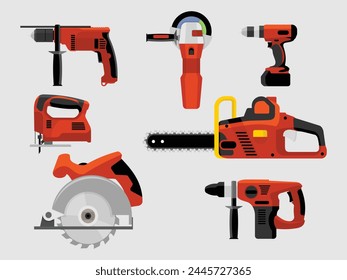 Power tools icons set drill, hammer, screwdriver, jigsaw, electric saw, angle grinder and circular electric saw. Vector graphics