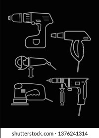 power tools icons set. Vector outline illustration on a black background.