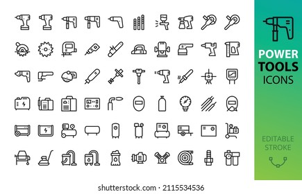 Power tools and industrial equipment isolated icons set. Set of electric tools, woodworking instruments, welding equipment, air compressor machines vector icons.