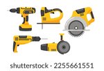 Power Tools Isolated on White Background Icons Set. Professional Electrical Instruments for Maintenance and Building Collection. Construction Site Equipment. Cartoon Vector Illustration