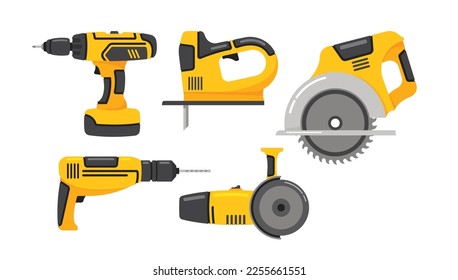 Power Tools Isolated on White Background Icons Set. Professional Electrical Instruments for Maintenance and Building Collection. Construction Site Equipment. Cartoon Vector Illustration