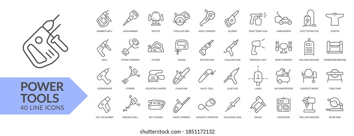 Power tools line icon set. Isolated signs on white background. Vector illustration