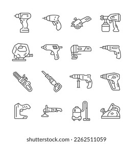 Juego de iconos de línea de herramientas de alimentación. Instrumento eléctrico de colección de vectores con taladro, sierra, grapadora, planador, destornillador, sierra. Trazo editable.
