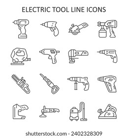 Juego de iconos de línea de herramientas de alimentación. Instrumento eléctrico de colección de vectores con taladro, sierra, grapadora, planador, destornillador, sierra. 