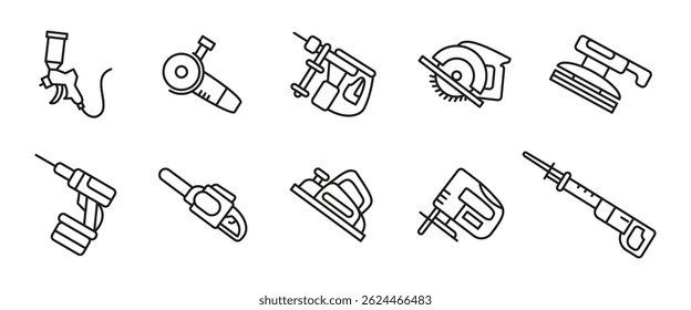 Power tools line icon set. Construction and repair outline vector illustration. Electric and pneumatic equipment symbols for carpentry, building, industrial work and handyman toolkits.
