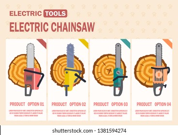 Power Tools for Logging Flat Vector Web Banner with Different Models of Electric Chainsaws Illustration. Lumbering or Woodworking industry Equipment, instruments Spare Parts Store Ad Poster Template