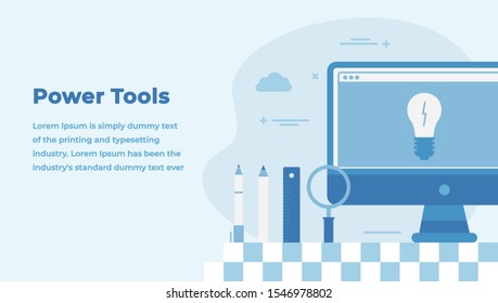Power Tools Modern Design Concept with Headline and Text Place. Monitor, Screen with Light Bulb, Pencils, Ruler, Magnifying Glass. Suitable for Web banner, Hero images. Flat Vector Illustration 