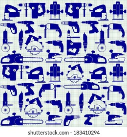 Power tools on graph paper, seamless pattern