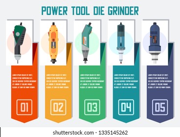 Power Tools for Sanding and Polishing Works Flat Vector Web Banner with Different Models of Die Grinders Illustration. Construction industry, Repair Service Electric Equipment Store Ad Poster Template