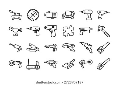 Power Tools Vector Icon Set. Drill, Saw, Hammer, Screwdriver, Cordless Tools, Air Gun, Sanding, Paint Spray, Electrical, Cutter, Pneumatic Tools, Equipment, Workshop, and more. Editable stroke. Vector illustration.