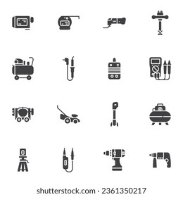 Power tools vector icons set, modern solid symbol collection, filled style pictogram pack. Signs logo illustration. Set includes icons as electric drill, battery screwdriver, air compressor, lawnmower