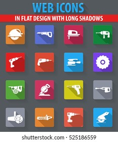 Power tools web icons in flat design with long shadows