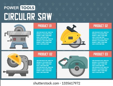 Power Tools for Woods Sawing Flat Vector Web Banner with Different Models of Hand and Stationary Circular Saws Illustration. Construction industry Electric Equipment, instruments Store Poster Template