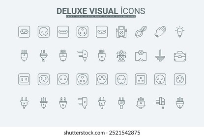 Power tower, electrician tools, outlet grounding, and light bulb thin black outline symbols vector illustration. International adapter, types of electric sockets and plugs line icon set.