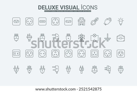 Power tower, electrician tools, outlet grounding, and light bulb thin black outline symbols vector illustration. International adapter, types of electric sockets and plugs line icon set.