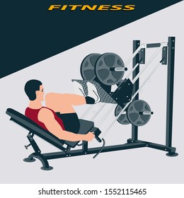 Power trainer - exercise for leg muscles, man lifts weight - vector. Sport Club. Fitness