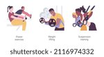 Power training isolated cartoon vector illustrations set. Power exercise, weight lifting, suspension training, bodybuilding exercises, sport equipment, workout routine in a gym vector cartoon.