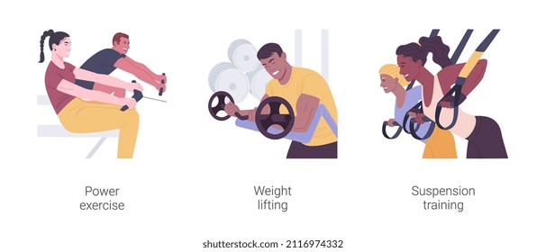 Power training isolated cartoon vector illustrations set. Power exercise, weight lifting, suspension training, bodybuilding exercises, sport equipment, workout routine in a gym vector cartoon.