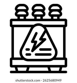 Power transformer with high voltage warning sign, representing electrical hazard and safety precautions