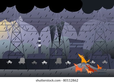 Power transmission, dogs and pollution - vector version