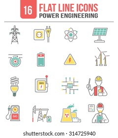 Power transmission high voltage lines engineering icons set with clean sustainable energy sources abstract isolated vector illustration