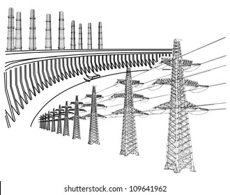 Power Transmission Line. Dnieper hydro power plant. Thermal energy. Factory, power plants and industrial buildings. Vector illustration