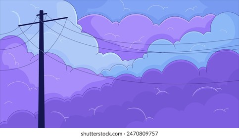 Power transmission lines against cloudy sky 2D cartoon background. Daybreak romantic scene colorful aesthetic vector illustration, nobody. Dawn time beauty flat line wallpaper art, lofi image