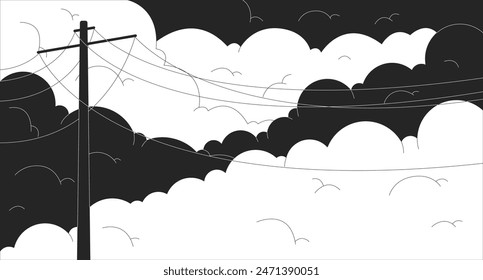 Power transmission lines against cloudy sky outline 2D cartoon background. Daybreak romantic scene linear aesthetic vector illustration. Dawn time beauty flat wallpaper art, monochromatic lofi image