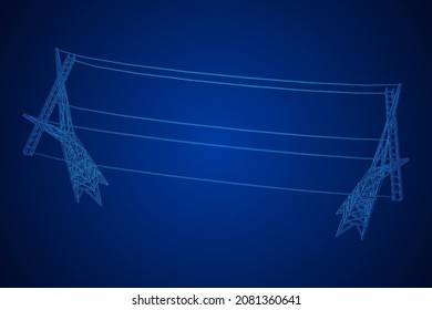 Pylon de alta tensión de la torre de transmisión de energía. Ilustración vectorial de malla baja de malla de alambre