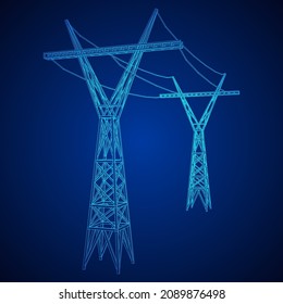 Pylon de alta tensión de la torre de transmisión de energía. Ilustración vectorial de malla baja de malla de alambre