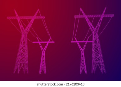 Pylon de alta tensión de la torre de transmisión de energía. Ilustración vectorial de malla baja de malla de alambre