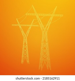Pylon de alta tensión de la torre de transmisión de energía. Ilustración vectorial de malla baja de malla de alambre