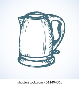 Power trendy home chrome gray teakettle isolated on white backdrop. Freehand outline black ink hand drawn picture sketchy in art modern scribble style pen on paper. View close-up with space for text