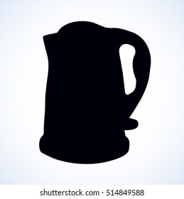 Power trendy home teakettle isolated on white backdrop. Dark ink hand drawn picture sketch in art modern engraving style. View close-up with space for text