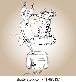Power of TV.Funny illustration of girl and her cat watching TV together.