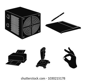 Power unit, dzhostik and other equipment. Personal computer set collection icons in black style vector symbol stock illustration web.