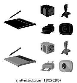 Power unit, dzhostik and other equipment. Personal computer set collection icons in black,monochrome style vector symbol stock illustration web.
