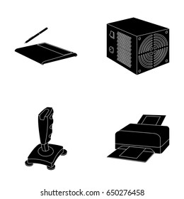 Power unit, dzhostik and other equipment. Personal computer set collection icons in black style vector symbol stock illustration web.