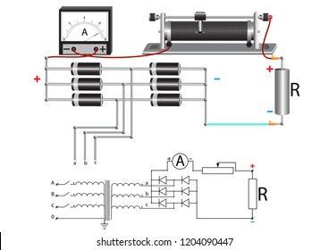 A power unit that uses a three-phase step-down voltage transformer, a diode bridge and a rheostat to change the current in the electrical circuit. svg