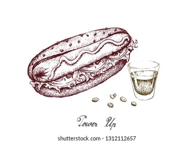 Power Up, Illustration Hand Drawn Sketch of Delicious Grilled Hot Dog with Mustard and A Shot of Espresso Coffee Isolated on White Background.