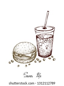 Power Up, Illustration Hand Drawn Sketch of Delicious Pork Burgery with Lettuce, Tomato, Onions and Cheese on Wheat Buns and Iced Coffee or Iced Tea.