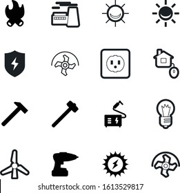 power vector icon set such as: flame, lightning, hot, bulb, drill, fire, warm, click, firewood, mechanic, save, green, estate, shield, idea, real, campfire, generation, singer, mobile, outlet, worker
