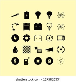 power vector icons set. with microwave, fluorescent bulb, atom and battery in set