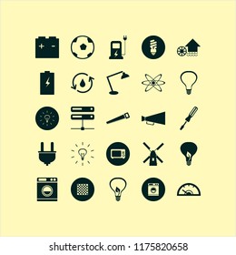 power vector icons set. with speedometer, bulb, saw and chess board in set
