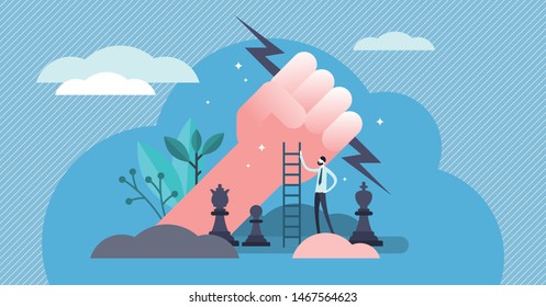 Power vector illustration. Flat tiny strong influence authority persons concept. Business control strategy skills and successful dominance behavior. Charismatic and smart leader force with work impact