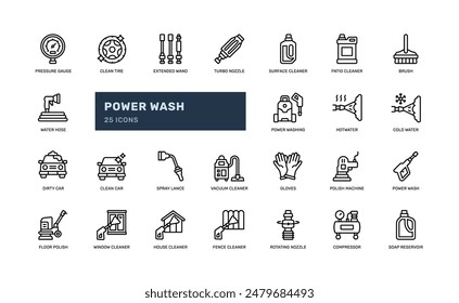 power wash high pressure water wash cleaning hygiene detailed outline line icon set