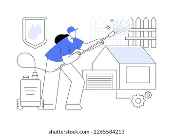 Power washing abstract concept vector illustration. Pressure washing, water spray, remove dust and mold, clean surface, house and garden maintenance service, wood deck cleaning abstract metaphor.