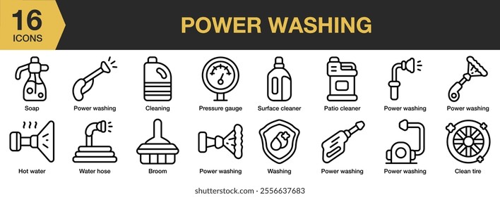 Power Washing icon set. Includes pressure gauge, cleaner, patio, washing, clean tire, broom, and More. Outline icons vector collection.