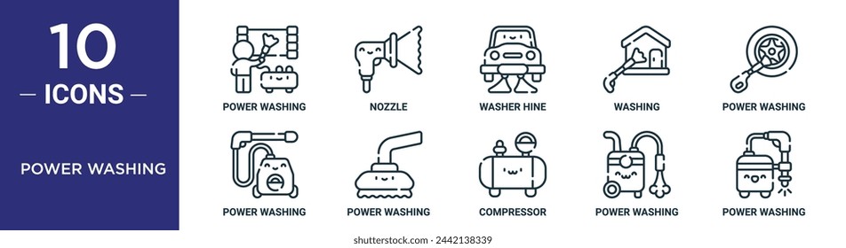 power washing outline icon set includes thin line power washing, nozzle, washer hine, washing, power icons for report, presentation, diagram, web design