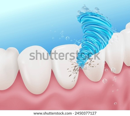 The power of washing removes dirt between the teeth. Used in advertising media for mouthwash, oral irrigators, toothbrushes. Realistic concept vector illustration file.